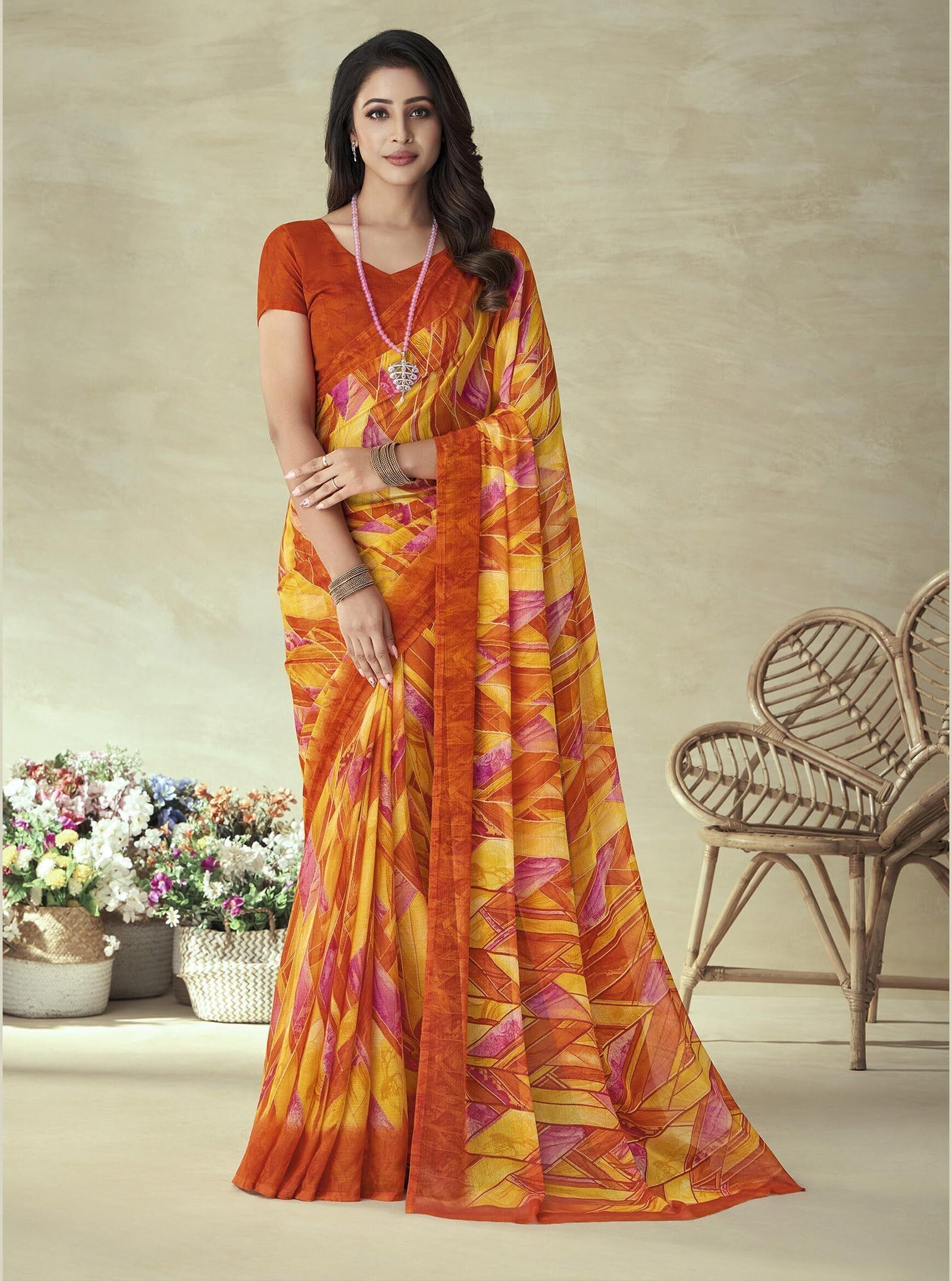 Geometric & Graphic Print Bollywood Chiffon Georgette Saree (Mustard Yellow)