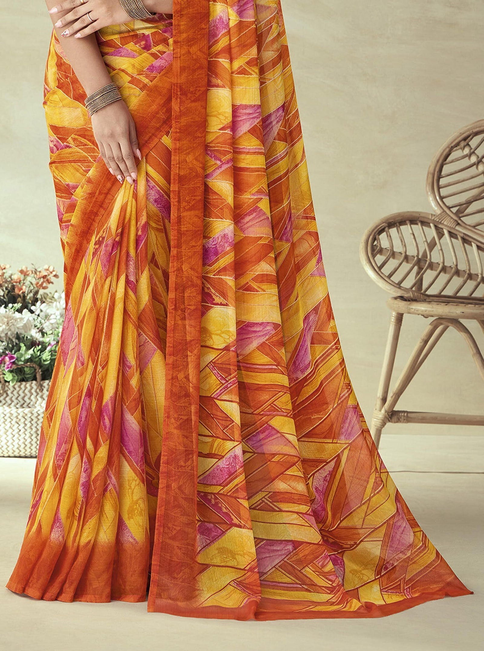 Geometric & Graphic Print Bollywood Chiffon Georgette Saree (Mustard Yellow)