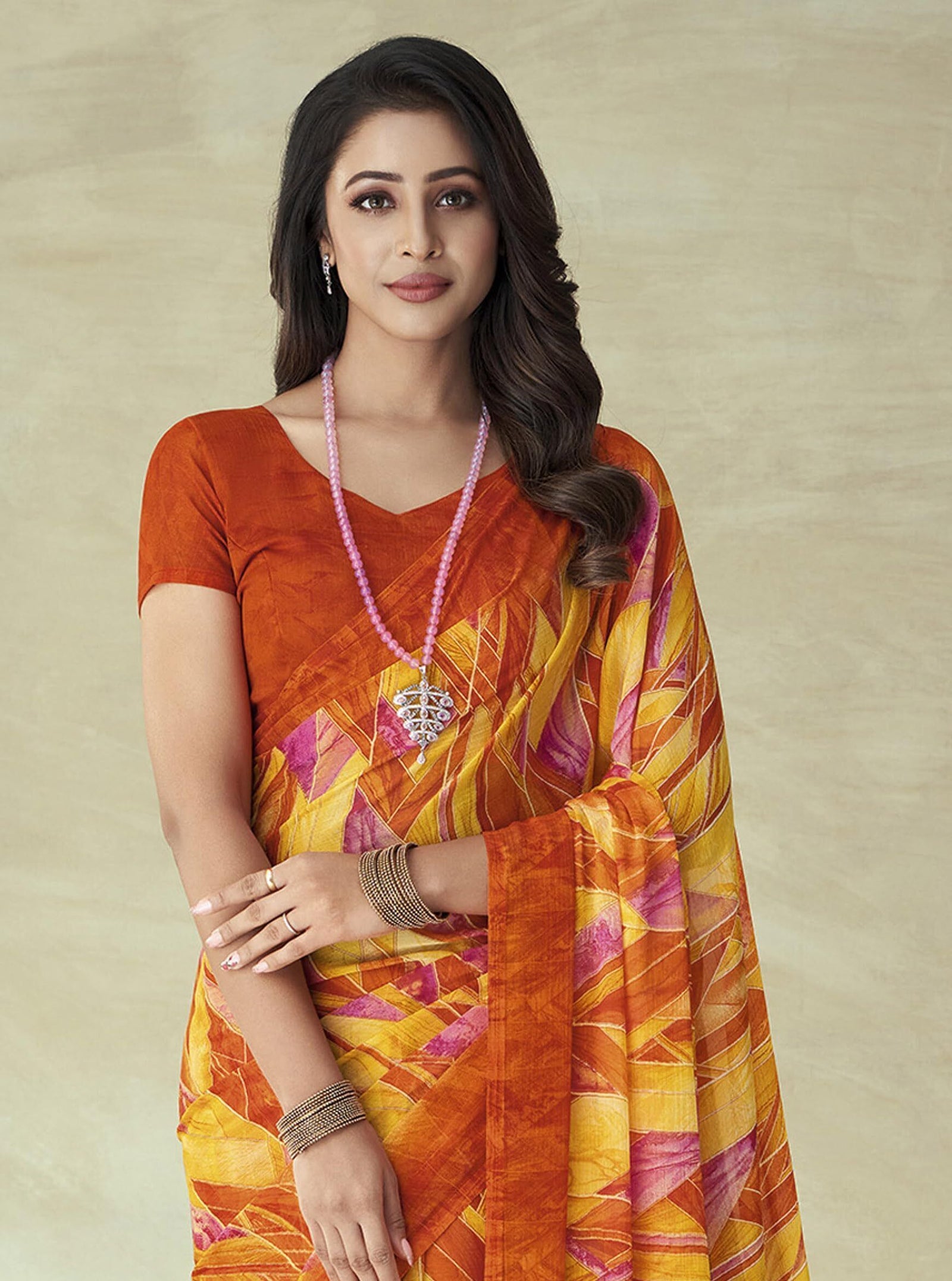 Geometric & Graphic Print Bollywood Chiffon Georgette Saree (Mustard Yellow)