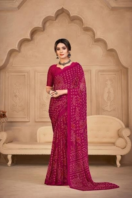 Graphic Print, Printed Bandhani Chiffon, Georgette Saree (Pink)