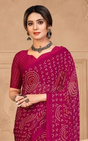 Graphic Print, Printed Bandhani Chiffon, Georgette Saree (Pink)