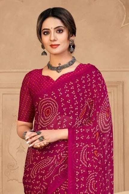 Graphic Print, Printed Bandhani Chiffon, Georgette Saree (Pink)