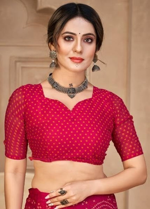 Graphic Print, Printed Bandhani Chiffon, Georgette Saree (Pink)