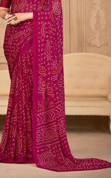 Graphic Print, Printed Bandhani Chiffon, Georgette Saree (Pink)