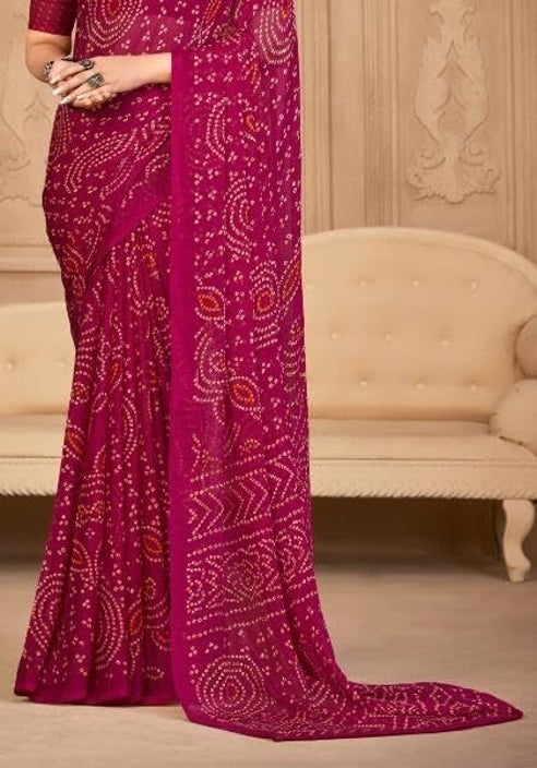 Graphic Print, Printed Bandhani Chiffon, Georgette Saree (Pink)