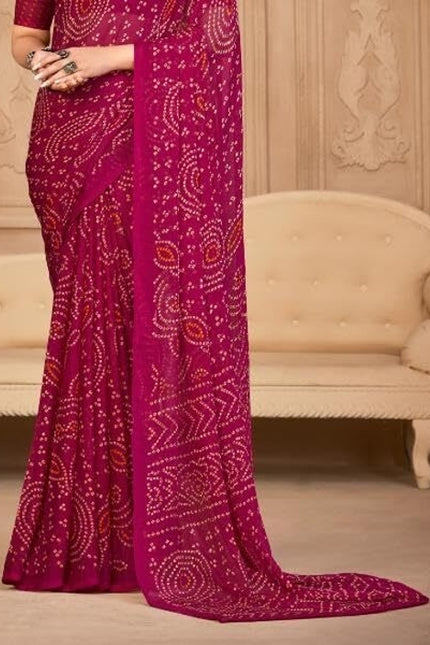 Graphic Print, Printed Bandhani Chiffon, Georgette Saree (Pink)