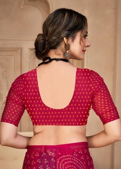 Graphic Print, Printed Bandhani Chiffon, Georgette Saree (Pink)