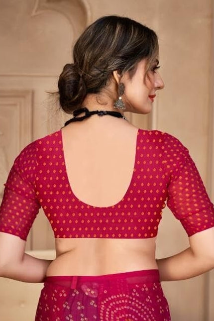 Graphic Print, Printed Bandhani Chiffon, Georgette Saree (Pink)