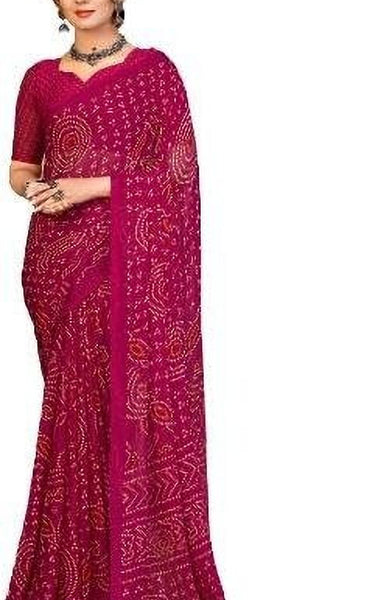 Graphic Print, Printed Bandhani Chiffon, Georgette Saree (Pink)