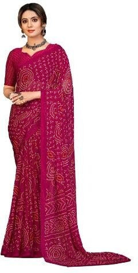 Graphic Print, Printed Bandhani Chiffon, Georgette Saree (Pink)