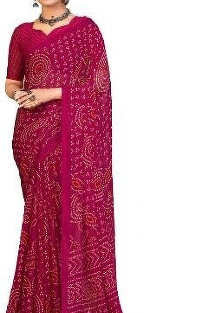 Graphic Print, Printed Bandhani Chiffon, Georgette Saree (Pink)