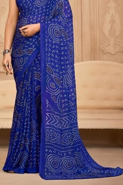 Graphic Print, Printed Bandhani Chiffon, Georgette Saree (Blue)