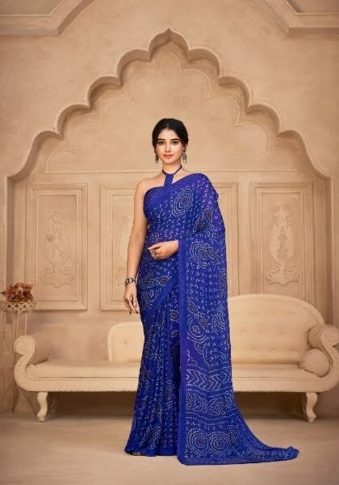 Graphic Print, Printed Bandhani Chiffon, Georgette Saree (Blue)
