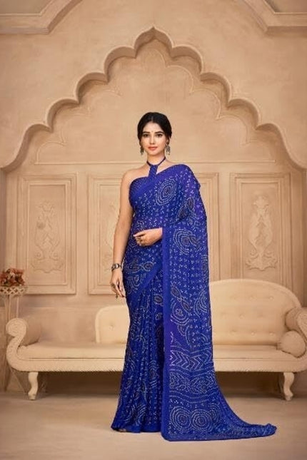 Graphic Print, Printed Bandhani Chiffon, Georgette Saree (Blue)