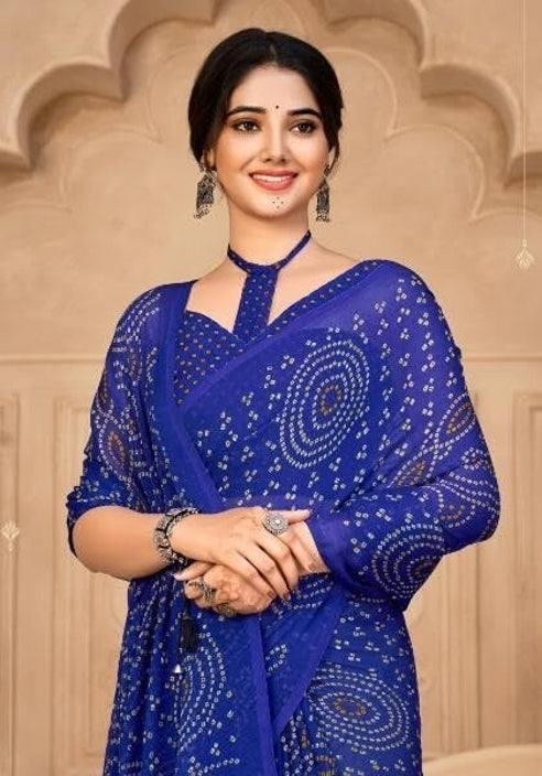 Graphic Print, Printed Bandhani Chiffon, Georgette Saree (Blue)
