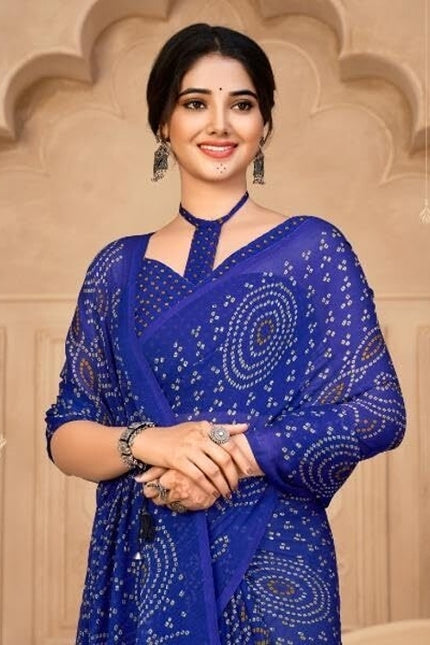 Graphic Print, Printed Bandhani Chiffon, Georgette Saree (Blue)
