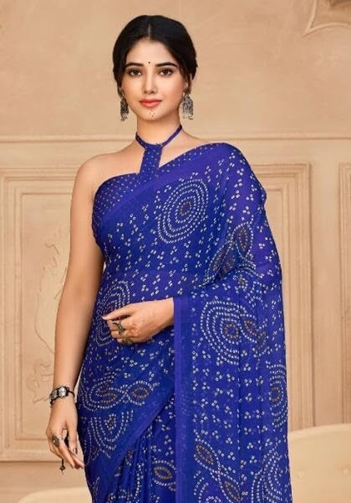Graphic Print, Printed Bandhani Chiffon, Georgette Saree (Blue)