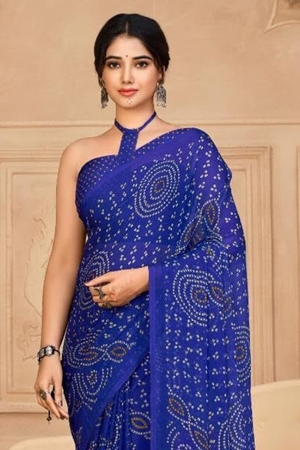 Graphic Print, Printed Bandhani Chiffon, Georgette Saree (Blue)
