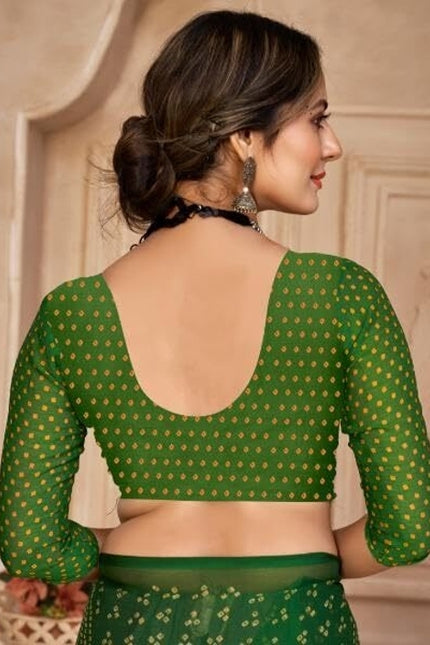 Graphic Print, Printed Bandhani Chiffon, Georgette Saree (Green)
