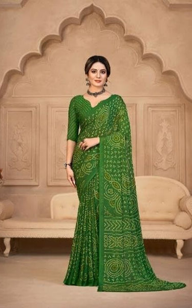 Graphic Print, Printed Bandhani Chiffon, Georgette Saree (Blue)