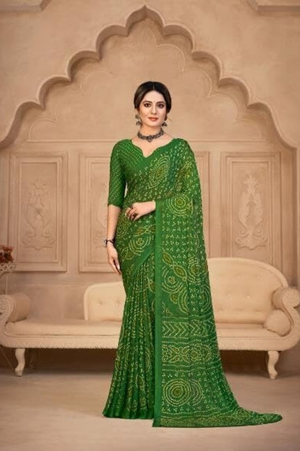 Graphic Print, Printed Bandhani Chiffon, Georgette Saree (Green)