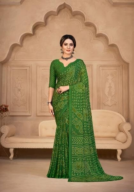 Graphic Print, Printed Bandhani Chiffon, Georgette Saree (Green)