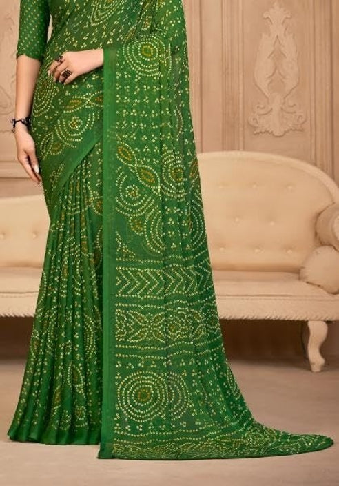 Graphic Print, Printed Bandhani Chiffon, Georgette Saree (Green)