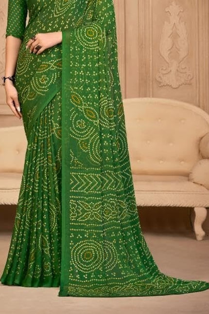 Graphic Print, Printed Bandhani Chiffon, Georgette Saree (Green)