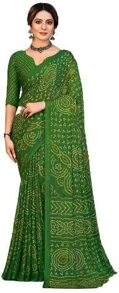 Graphic Print, Printed Bandhani Chiffon, Georgette Saree (Green)