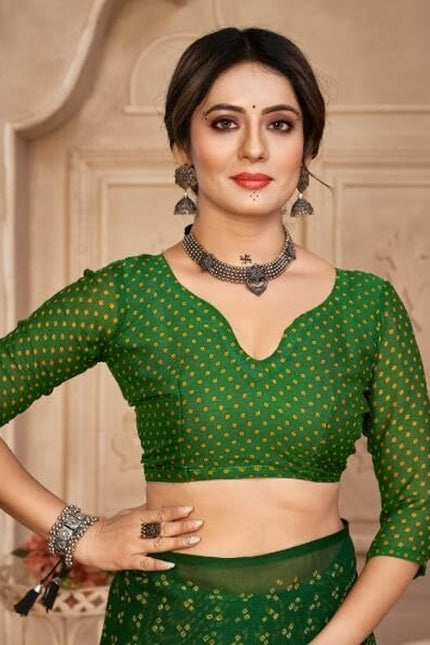 Graphic Print, Printed Bandhani Chiffon, Georgette Saree (Green)