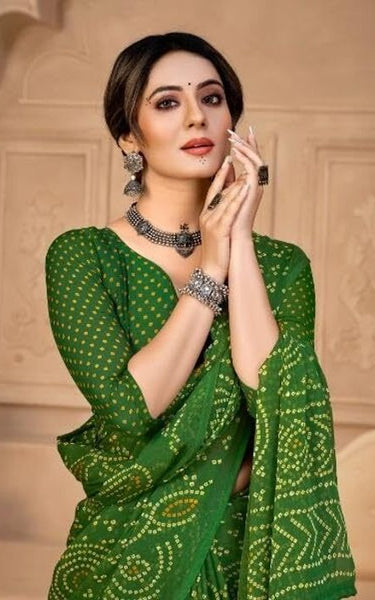 Graphic Print, Printed Bandhani Chiffon, Georgette Saree (Blue)