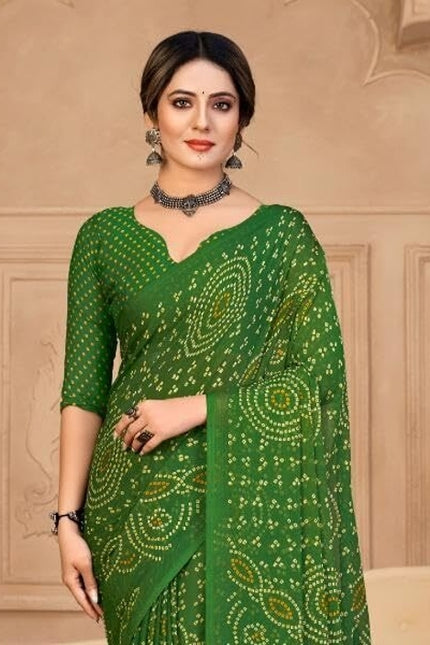 Graphic Print, Printed Bandhani Chiffon, Georgette Saree (Green)