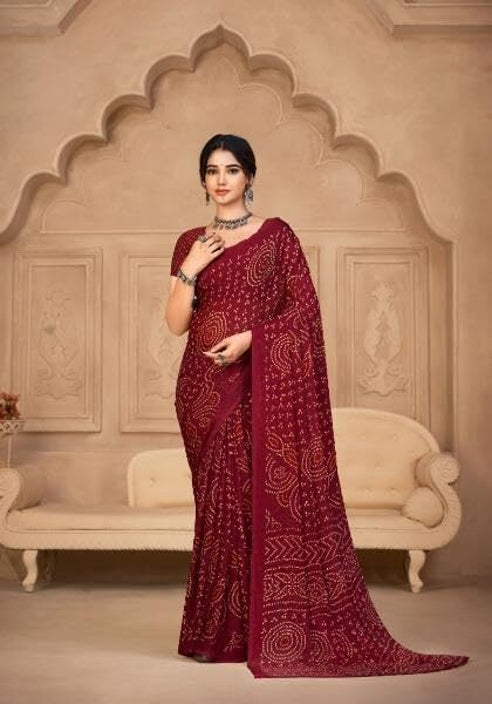 Graphic Print, Printed Bandhani Chiffon, Georgette Saree (Maroon)
