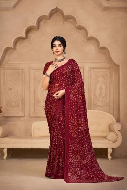 Graphic Print, Printed Bandhani Chiffon, Georgette Saree (Maroon)