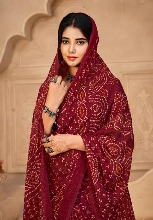 Graphic Print, Printed Bandhani Chiffon, Georgette Saree (Maroon)