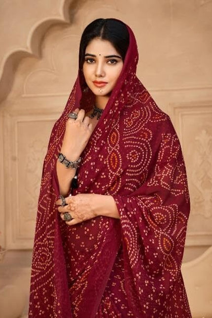 Graphic Print, Printed Bandhani Chiffon, Georgette Saree (Maroon)