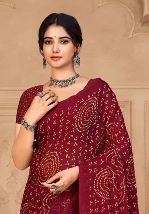 Graphic Print, Printed Bandhani Chiffon, Georgette Saree (Maroon)