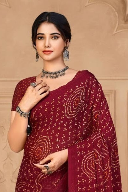 Graphic Print, Printed Bandhani Chiffon, Georgette Saree (Maroon)