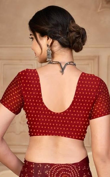Graphic Print, Printed Bandhani Chiffon, Georgette Saree (Maroon)