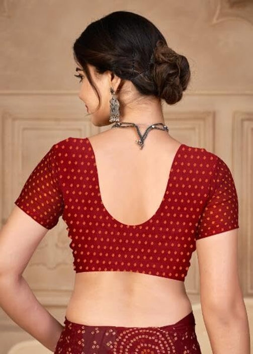 Graphic Print, Printed Bandhani Chiffon, Georgette Saree (Maroon)