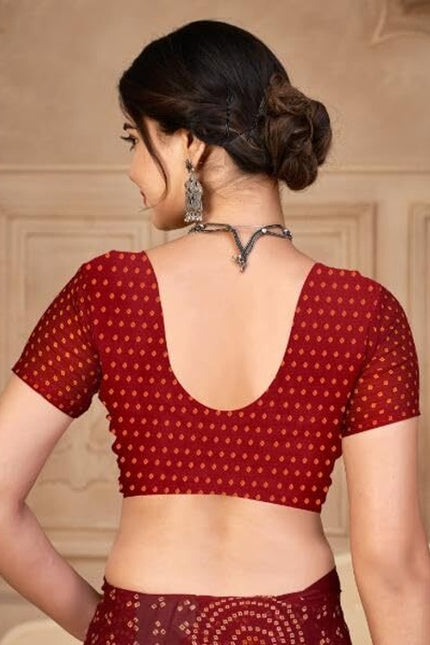 Graphic Print, Printed Bandhani Chiffon, Georgette Saree (Maroon)