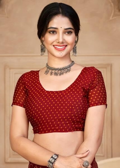 Graphic Print, Printed Bandhani Chiffon, Georgette Saree (Maroon)