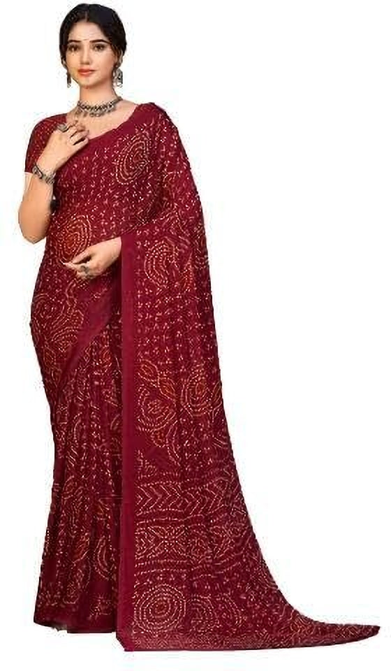 Graphic Print, Printed Bandhani Chiffon, Georgette Saree (Maroon)