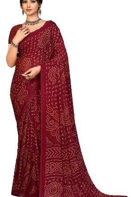 Graphic Print, Printed Bandhani Chiffon, Georgette Saree (Maroon)