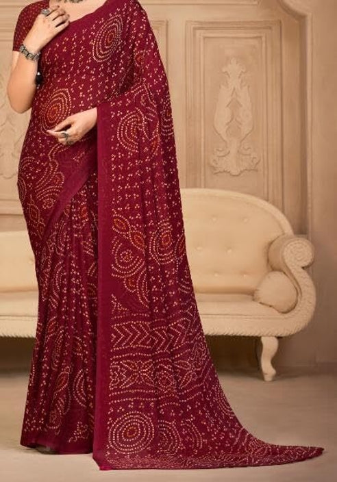 Graphic Print, Printed Bandhani Chiffon, Georgette Saree (Maroon)