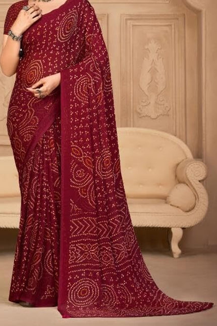 Graphic Print, Printed Bandhani Chiffon, Georgette Saree (Maroon)