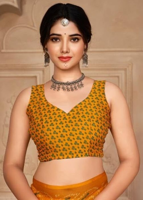 Georgette Bandhani Print Saree Festive Ethnic Wear with Blouse Piece (Yellow)