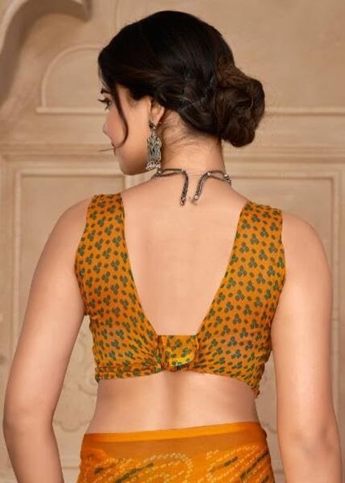 Georgette Bandhani Print Saree Festive Ethnic Wear with Blouse Piece (Yellow)