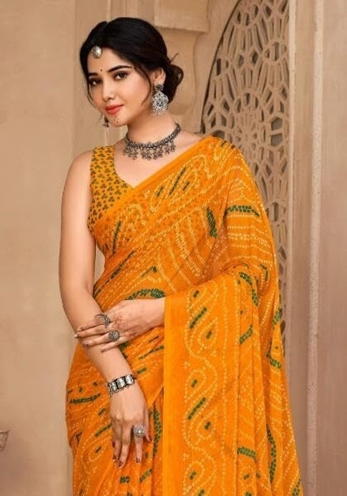 Graphic Print, Printed Bollywood Chiffon, Georgette Saree (Yellow)