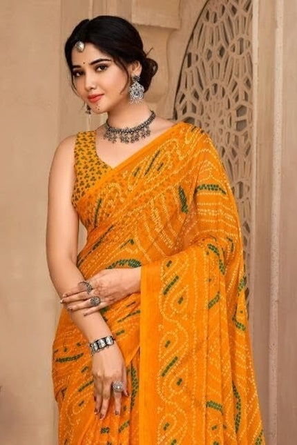 Graphic Print, Printed Bollywood Chiffon, Georgette Saree (Yellow)